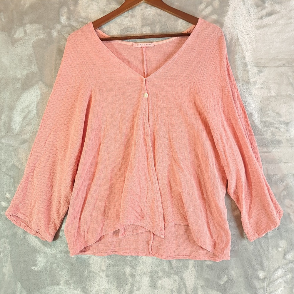 Tempo Paris Italian Linen Cotton Gauze Top Blouse S M Coral Pink Single Button